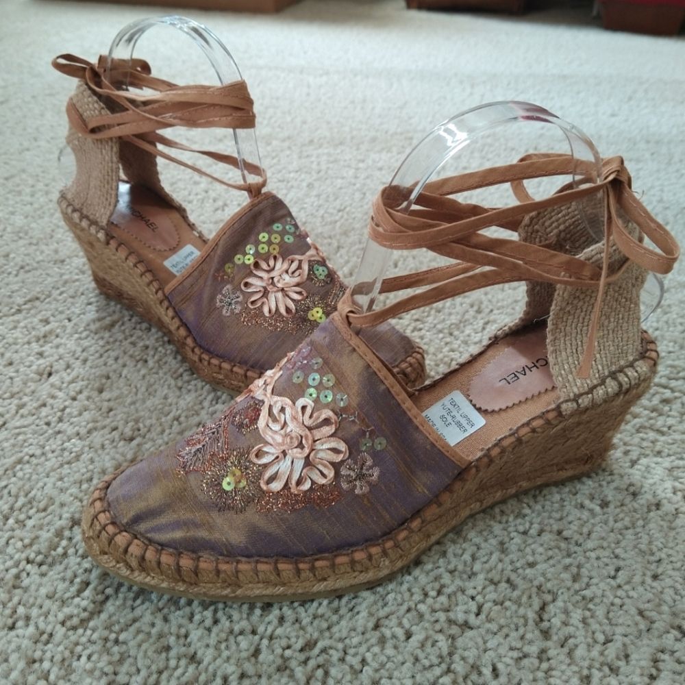 Eric Michael Espadrille Wrap Sandal Boho Ribbon Sequin Size EU 40 9 1/2